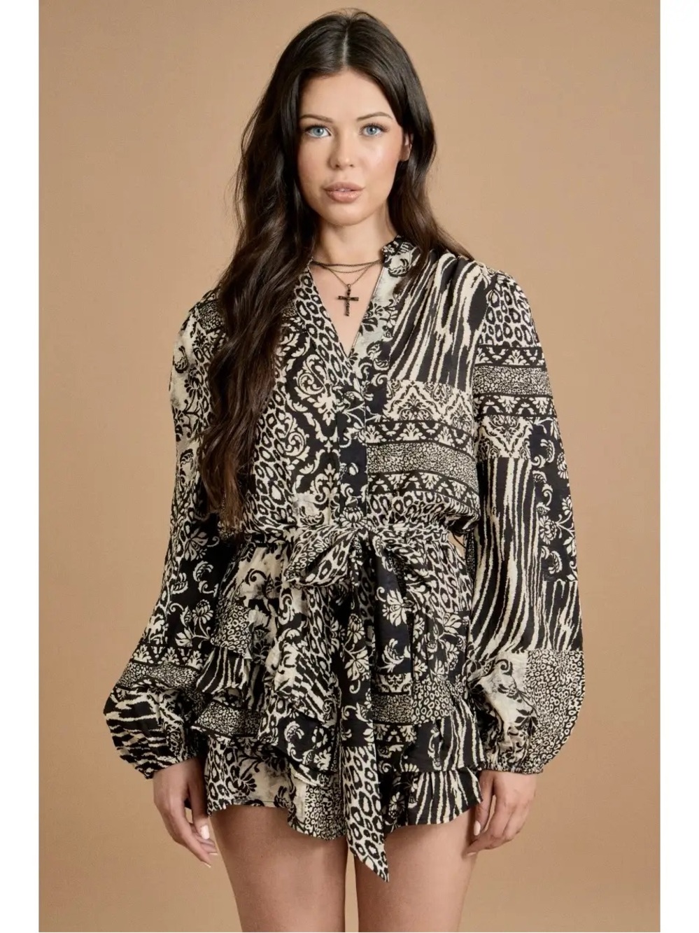 Fall Tie Waist Ruffle Romper - Picture 2 of 4